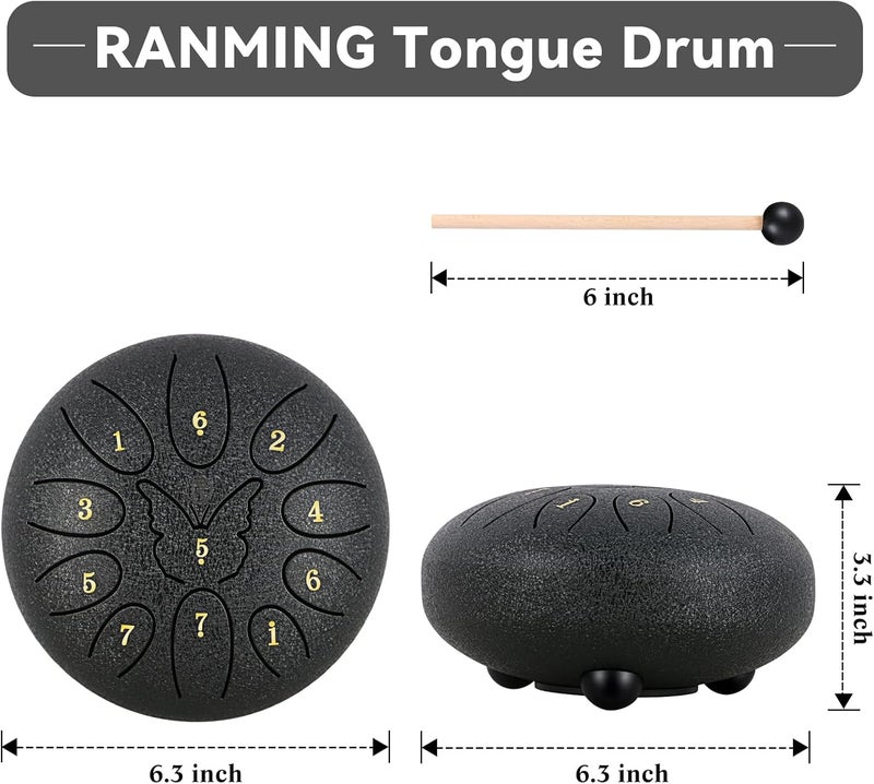 RANMING 6 Inch Steel Tongue Drum 11Note C Key Tongue Drum Kids & Adult Handpan with Gig Bag Music Book Mallets Finger Loops Mallets Stand Highlight Stickers for Meditation,Yoga & Camping Black - Image 5
